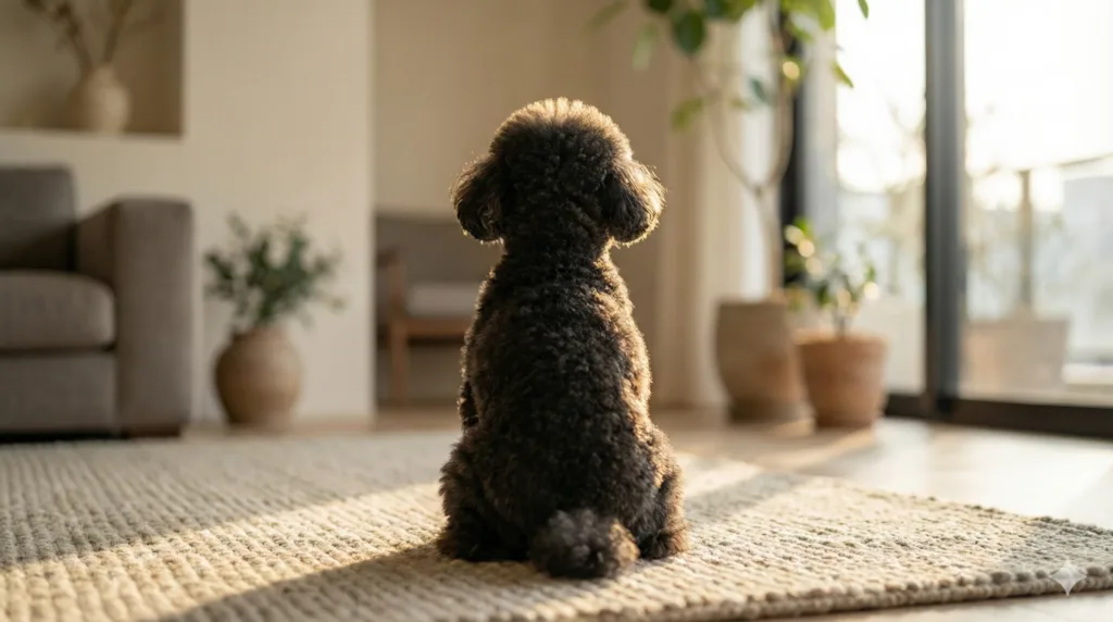 貴賓犬獨自待在家中客廳，看著落地窗外