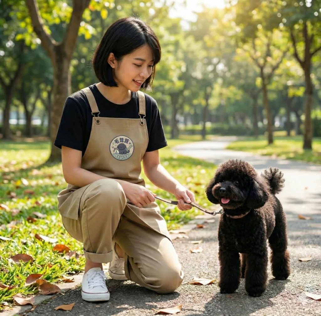 台中到府寵物保姆在公園牽著貴賓犬散步